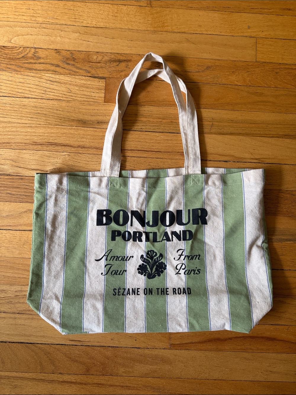 Sézane Bonjour Portland Green & White Striped Canvas Tote